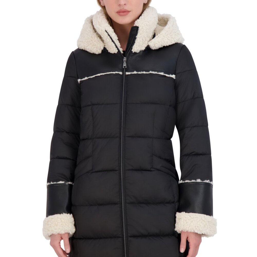 ⭐️ Tahari Women’s Faux-Shearling-Trim Hooded Puffer Coat Black/Cream Size L NWT - Picture 2 of 5